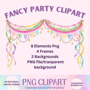Puede incluir: Un conjunto gráfico digital titulado FANCY PARTY CLIPART que presenta guirnaldas de fiesta estilo acuarela con banderines triangulares coloridos, estrellas doradas colgantes y cintas drapeadas en rosa, verde y amarillo. El texto incluye 8 Elements Png, 4 Frames, 2 Backgrounds, PNG file/tranparent background y PNG CLIPART.