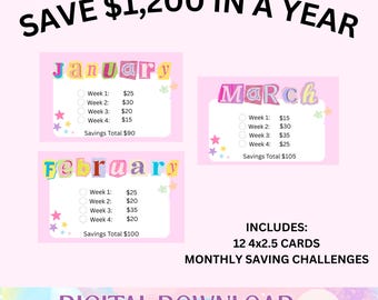 12 Monthly Savings Challenge Cards, Save 1,200 Dollars (Digital Download)