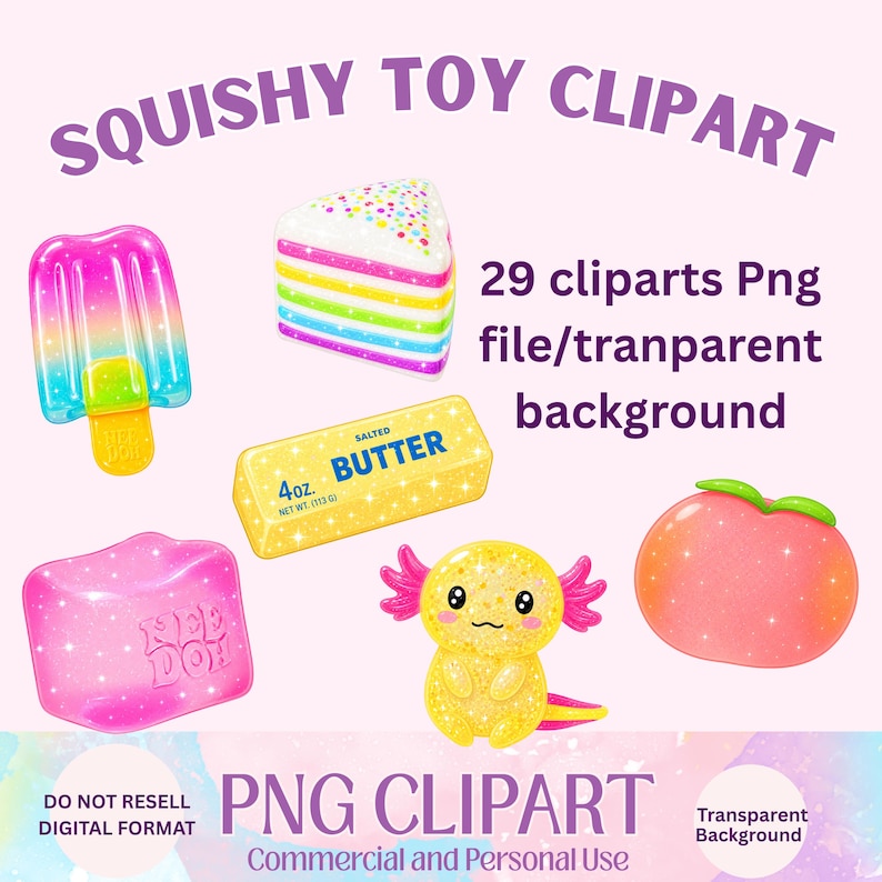 K&ouml;nnte beinhalten: Eine digitale Sammlung von 29 Squishy-Spielzeug-Cliparts, bestehend aus einem regenbogenfarbenen Eis am Stiel, einem mehrschichtigen Kuchenst&uuml;ck, einem gelben St&uuml;ck gesalzener Butter mit 4oz-Aufschrift, einem rosa Nee Doh-W&uuml;rfel, einem gelben Axolotl und einem Pfirsich.