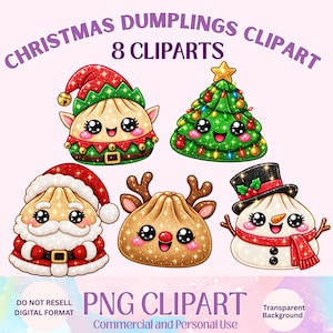 Könnte beinhalten: Eine digitale Sammlung von acht weihnachtlichen Knödel-Illustrationen mit Charakteren als Elf, geschmückter Baum, Weihnachtsmann, Rentier und Schneemann. Die Grafiken enthalten glitzernde Texturen, leuchtende Farben und den Text CHRISTMAS DUMPLINGS CLIPART 8 CLIPARTS PNG CLIPART.