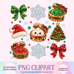 Könnte beinhalten: Eine digitale Sammlung von Weihnachts-Cliparts mit einer glitzernden grünen Schleife, einer roten Schleife, zwei weißen Schneeflocken, einer roten Weihnachtsmütze, einem geschmückten Weihnachtsbaum und drei Bambusdämpfern mit lächelnden Teigtaschen.