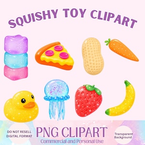 K&ouml;nnte beinhalten: Eine Sammlung digitaler Illustrationen mit der Aufschrift SQUISHY TOY CLIPART, bestehend aus einem Stapel aus drei bunten W&uuml;rfeln, einem Pizzast&uuml;ck, einer Erdnuss, einer Karotte, einer gelben Quietscheente, einer blauen Qualle, einer Erdbeere und einer Banane.