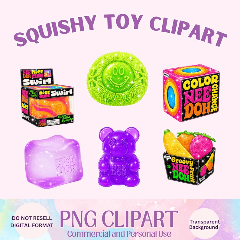 K&ouml;nnte beinhalten: Eine Sammlung von Squishy-Spielzeugen, darunter ein Nee Doh Cube Swirl in der Verpackung, ein limettengr&uuml;nes, texturiertes Smiley-Gesicht, eine Color Change Nee Doh-Box, ein violetter, durchscheinender Squishy-W&uuml;rfel, ein B&auml;r und eine Groovy Nee Doh Fruit-Box.