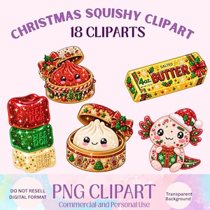 Könnte beinhalten: Eine digitale Sammlung von 18 weihnachtlichen Squishy-Cliparts mit einem roten Knödel im Dämpfer, einem 113g Stück gesalzener Butter, drei gestapelten Nee Doh Würfeln, einem weißen Knödel im Dämpfer und einem festlichen Axolotl mit Weihnachtsmütze.
