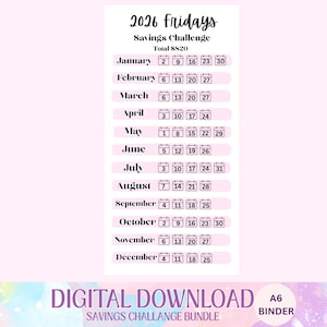 Puede incluir: Un paquete digital de desafíos de ahorro en rosa y blanco para los viernes de 2026. El diseño tipo calendario enumera las fechas de cada mes, con un objetivo de ahorro total de 820 €. Incluye el texto "Descarga digital" y "Paquete de desafíos de ahorro".