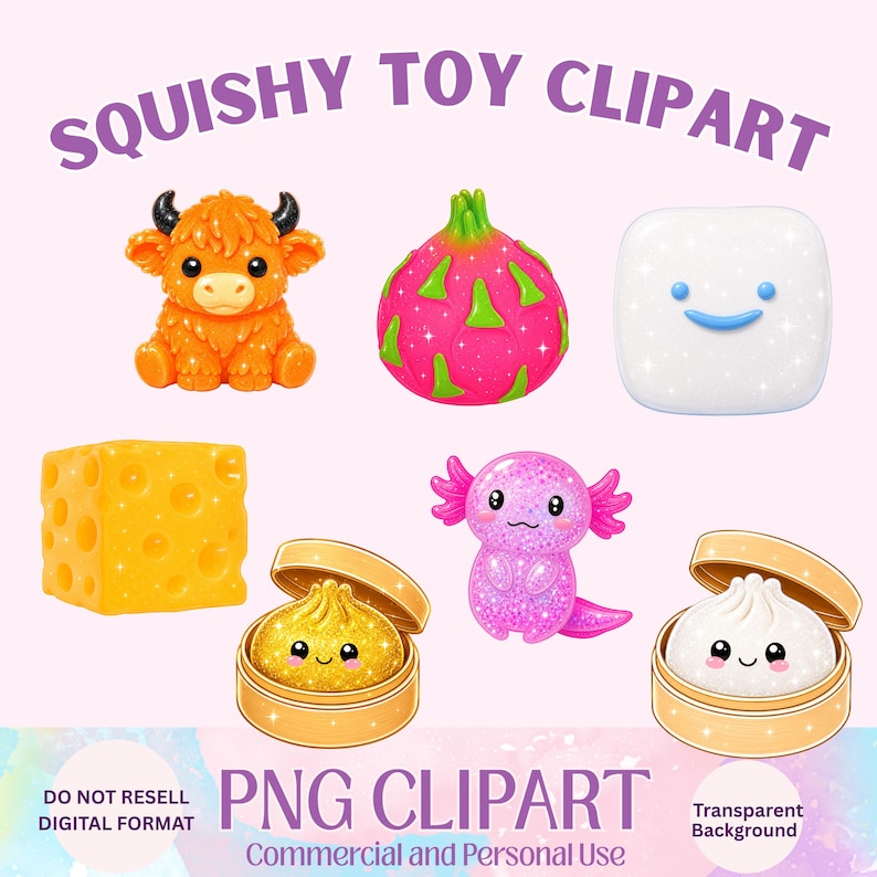 K&ouml;nnte beinhalten: Eine Sammlung digitaler Illustrationen mit der Beschriftung SQUISHY TOY CLIPART und PNG CLIPART. Das Set enth&auml;lt ein orangefarbenes Hochlandrind, eine rosa Drachenfrucht, ein wei&szlig;es Quadrat mit blauem Gesicht, einen gelben K&auml;seblock, einen rosa Axolotl und zwei Teigtaschen.