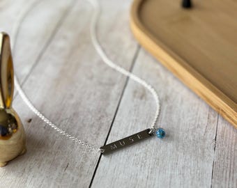 PJM bar necklace: MUSE smeraldo flower inspired, 925 Sterling Silver plated, hand stamped stainless steel plate, real flower in resin
