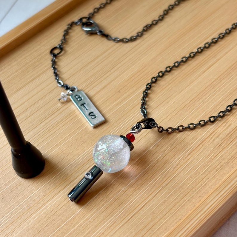 Kpop OT7 Light Stick Pendant: Resin Globe amibam, Hematite, Gunmetal Chain, CZ, gift box