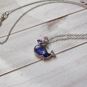 Resin pendant Sterling Silver plated necklace: 3/4 inch open bezel Bora Whale charm, hand poured and cured resin, 18” chain
