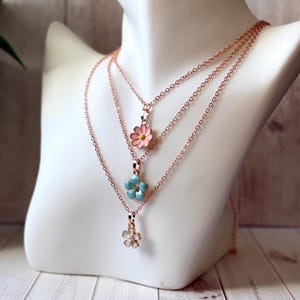 PJM 3 strand necklace: 3 enameled flower charms, Paris fashion week inspired, rose gold or 18k gold plated