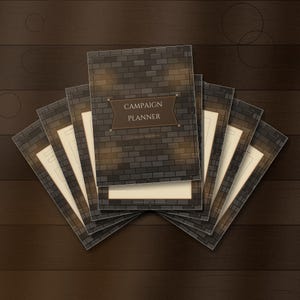 May include: A fan-shaped arrangement of multiple campaign planner booklets featuring a dark gray brick wall pattern on the covers. Each cover displays a brown banner with the text CAMPAIGN PLANNER in white, with cream-colored interior pages visible.