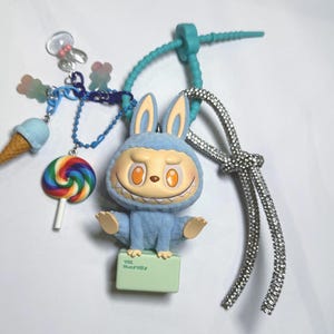 Authentic Labubu Lazy Yoga blue SHOW OFF Figurine bag charm, customised purse charm | keychain