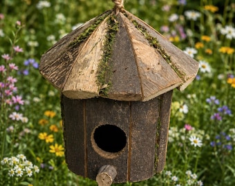 Rustic Cylindrical Wooden Birdhouse | Natural Bark Garden Shelter, Woodland Decor