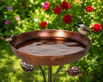 Bagno per uccelli rustico da giardino, decorazione da giardino, finitura in rame, facile da montare