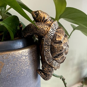 Puede incluir: Una figura decorativa de tortuga con un acabado metálico dorado y negro, diseñada para colgarse del borde de una maceta. La tortuga presenta un caparazón texturizado con patrones geométricos y piel detallada, posicionada verticalmente en el borde.