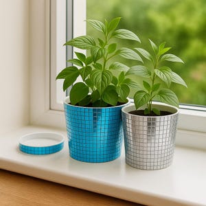 Mirror Disco Mosaic Plant Pot with Tray | Silver And Blue | Mirror Mosaic Planter | Gardeners Gift | Gift For Her | Disco Ball Plant Pot