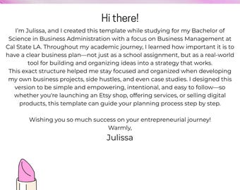 May include: A pink and white graphic with the words "Business PLAN" in a stylized font. The image includes a lipstick, a small box, and a high-heeled shoe, all in pink. Text below reads "Hi there!" and a message about business planning.