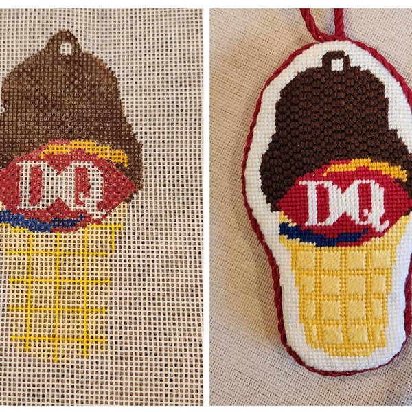 DQ Chocolate Dipped Ice Cream Cone Hand Painted Needlepoint Canvas Ornament