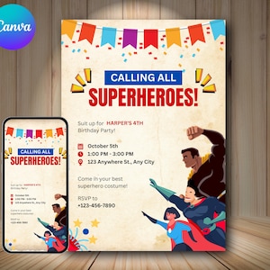Superheld Geburtstagseinladung Vorlage | Bearbeitbar Canva Kids Party Invite | Digitaler Download | Superhelden Kostümfest von Printique byRafiaz