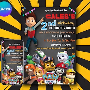 Paw Patrol Chalkboard Geburtstagseinladung bearbeitbare Vorlage, Welpen Party einladen, digitaler Download, druckbare Canva-Karte für Jungen und Mädchen