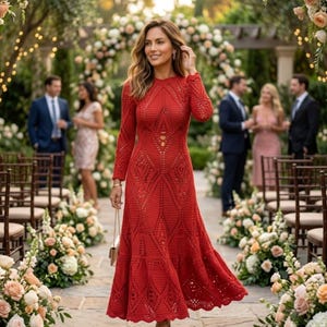 Puede incluir: Un vestido rojo de crochet con mangas largas y un patrón calado detallado. El vestido lo lleva una persona en un entorno al aire libre, posiblemente un jardín. El fondo incluye decoraciones florales y otras personas, lo que sugiere una celebración.