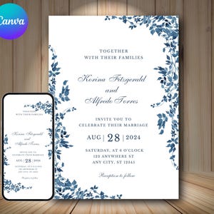 Blue Foliage Wedding Invitation Template | Editable Canva Wedding Invite | Elegant Printable Marriage Card | Digital Download for Couples