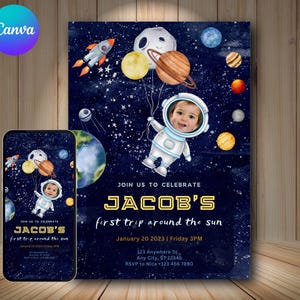 First Trip Around the Sun Birthday Invitation Template | Space Theme 1st Birthday Invite | Editable Canva Astronaut Card | Digital Download