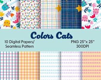 Cat Seamless Pattern Bundle, Colorful Kitty Graphics (Digital Paper 25x25", 300 DPI)