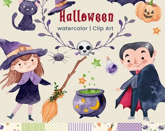 Halloween Watercolor Clipart: Witch & Vampire PNG Files (Digital Download)