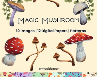Mushroom Clipart & Digital Paper Bundle: Cottagecore Scrapbook Graphics (PNG)