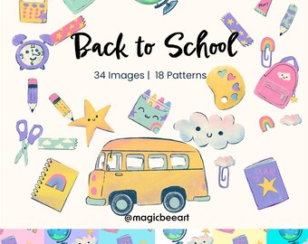 Back to School Clipart & Digital Paper Set: Teacher Resources (PNG, 300 DPI)