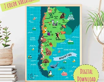 Argentina Map Print: Illustrated Travel Poster, color variations (Digital Download)