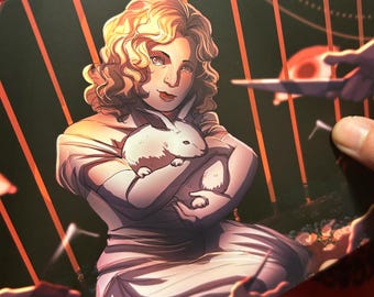 May include: Illustration of a woman with blonde curly hair holding a white rabbit. The woman is wearing a white dress. The background is dark with red and orange vertical lines.