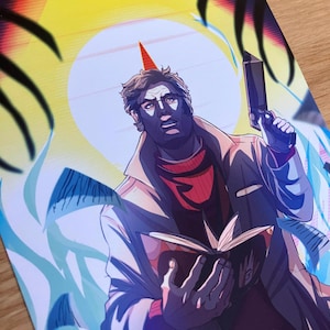 May include: Illustration of a man in a tan coat, red sweater, and a party hat, holding a gun and a book. The artwork has a comic book style with a yellow and blue background. The man has a serious expression.