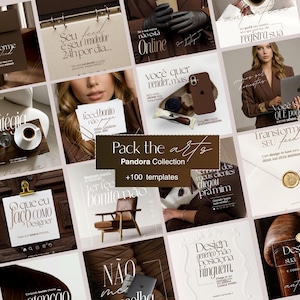 以下が含まれることがあります： Pack the Arts Pandora Collectionと題された100種類のソーシャルメディアテンプレートのデジタルコレクション。ブラウン、ベージュ、ホワイトのカラーパレット、エレガントなタイポグラフィ、オフィス用品を含む様々なライフスタイル画像で構成された統一感のあるデザイン。