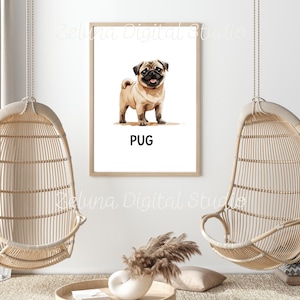 Pug Cute Dog Digital Wall Art, Pug cute dog printable, Cartoon dog art, Watercolor dog print, Dog poster for kids room, playroom printable