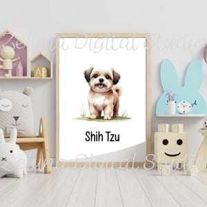 Shih tzu Cute Dog Digital Wall Art, Shih tzu printable, Cartoon dog art, Watercolor dog print, Dog poster for kids room, playroom printable