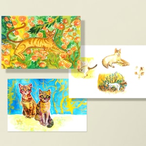 Set de postales imprimibles de gatos: Tarjetas artísticas de gatitos dibujados a mano. Adorables gatos ilustrados para amantes de los animales. Descarga digital instantánea.