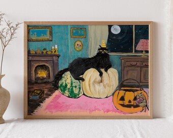 Halloween Black Cat Pumpkin Art Print, Cozy Fall Cozy Illustration (Digital Download)