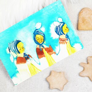 Wunderliche Wintermädchen-Postkarte - Hand gezeichnete Aquarell-Illustration - Niedliche verschneite Szene-Kunst-Karte für Kindergeschenke oder Ausstellung