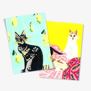 Juego de postales modernas de gatos: ilustraciones coloridas e imprimibles de gatitos. Ilustración de gato dibujada a mano para decoración, coleccionistas o amantes de los gatos.