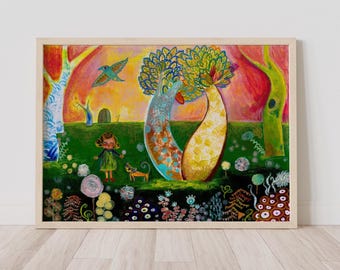 Cat and Girl Art Print: Whimsical Forest Nursery Illustration (Digital Download)