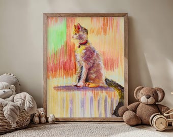 Impressão artística de gato arco-íris: ilustração pastel caprichosa (download digital)