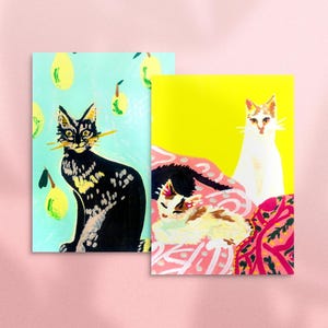 Conjunto de cartões postais de gatos modernos – Arte colorida para impressão de gatinhos – Ilustração de gato desenhada à mão para decoração, colecionadores ou amantes de gatos