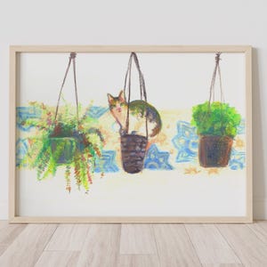 Cute Cat in Plant Pot Wall Art – Hand Drawn Botanical Cat Illustration – Whimsical Digital Print for Cat Lovers – Instant Download