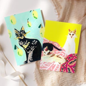Cat Art Postcard Set, Whimsical Colorful Cats Illustration, 2 Pack Printable Card for Cat Lovers, Modern Animal Wall Art