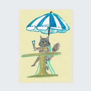 Carte postale numérique Cool Cat - Chat de vacances amusant à imprimer - Art mignon de chat d'été pour les amoureux des chats, la chambre d'enfants ou un cadeau