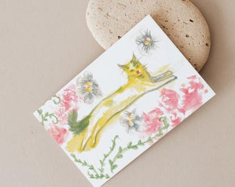 Impressão artística de gato floral: gatinho desenhado à mão, decoração de berçário em tons pastéis (download digital)