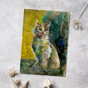 Cartão postal de gato com pintura – Retrato artístico de gatinho em aquarela – Arte de parede para impressão para amantes de gatos, presentes ou decoração