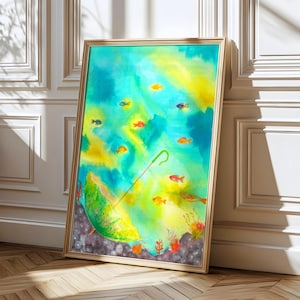 Arte mural de peces submarinos: escena oceánica caprichosa con sombrilla. Decoración infantil imprimible a mano. Ilustración colorida para habitación infantil.